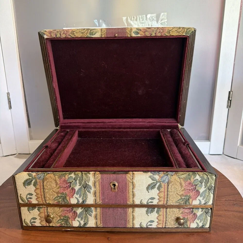 Vtg Floral Tapestry Jewelry Chest Box Stone & Thomas 80’s Velvet Lined Italy